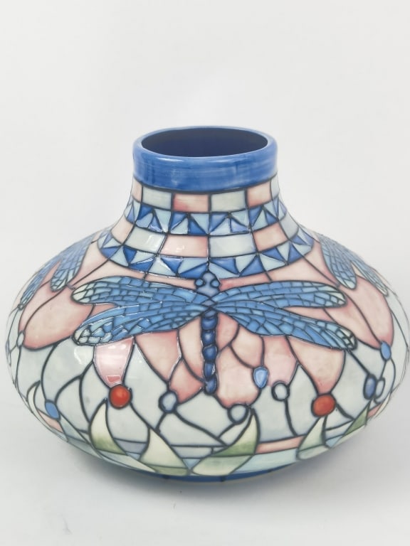 Vintage Old Tupton Ware Jeanne McDougall Stained V: Vintage Old Tupton Ware Jeanne McDougall Stained Glass Style Dragonfly Vase, 4.75in by 6in