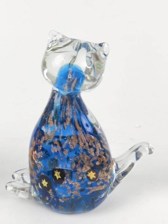 Vintage Murano Italy Milleflori Blue Splatter Glas: Vintage Murano Italy Milleflori Blue Splatter Glass Cat, 4.75in