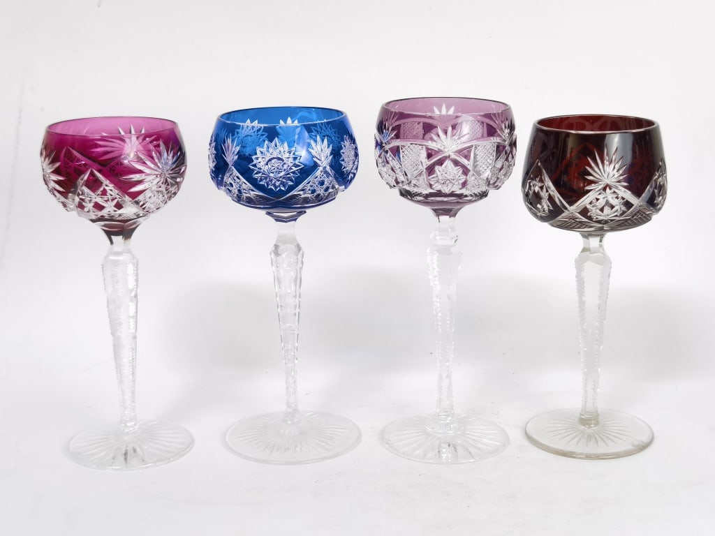 (4) Vintage Bohemian Cut-to-Clear Wine Glasses: (4) Vintage Bohemian Cut-to-Clear Wine Glasses, 8in