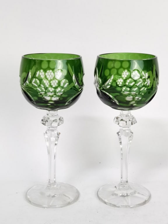 (2) Vintage Bohemian Emerald Cut-to-Clear Wine Gla: (2) Vintage Bohemian Emerald Cut-to-Clear Wine Glasses, 8in