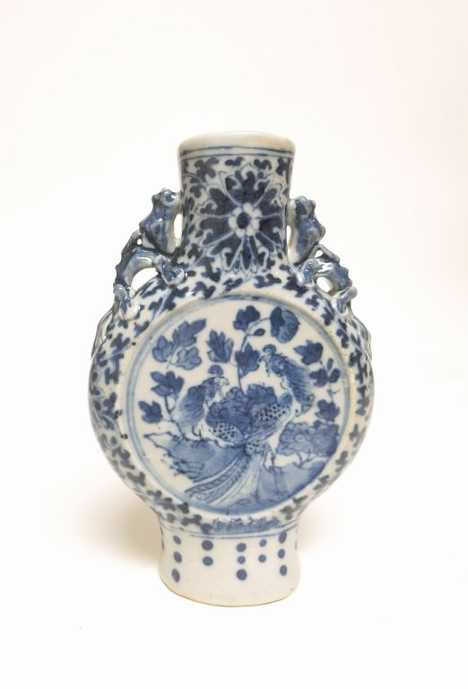 Qing Chinese Porcelain B&W Floral Moon Flask Vase: Qing Chinese Porcelain B&W Floral Moon Flask Vase, 6in