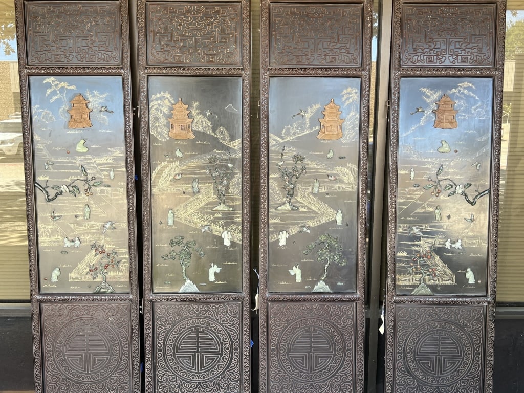 Chinese Jade Inlay Black/Red Cinnabar Carved Scree (1 of 20)