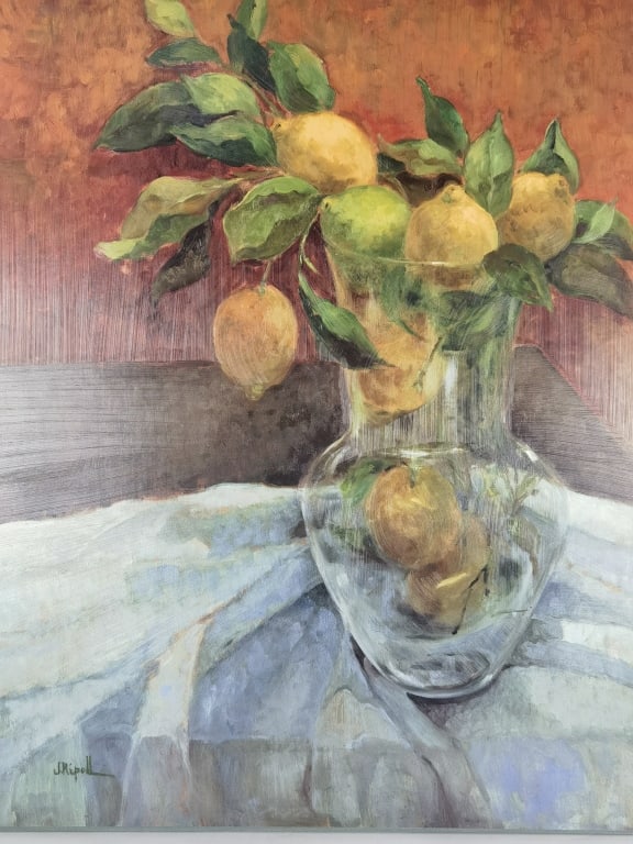 Lemon Still Life Oil Painting, Signed J. Ripoll: Lemon Still Life Oil Painting, Signed J. Ripoll, 29.25in by 24in