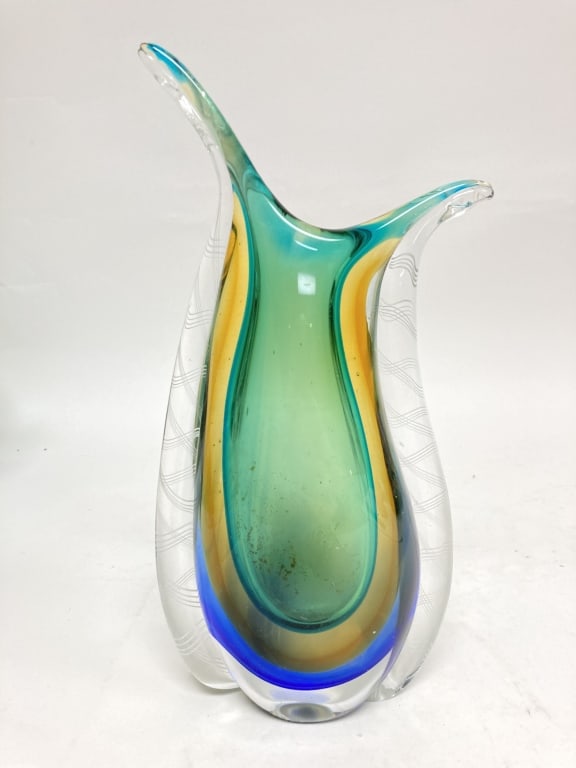 Vintage Murano Italy Flavio Poli Latticino Sommers: Vintage Murano Italy Flavio Poli Latticino Sommerso Glass Vase, 10 1/8in