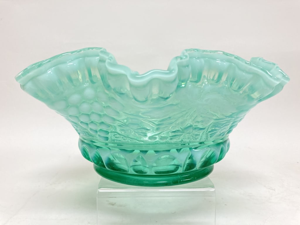 Vintage Fenton Green Opalescent Glass Grape Bowl: Vintage Fenton Green Opalescent Glass Grape Bowl, 10.5in by 4.5in