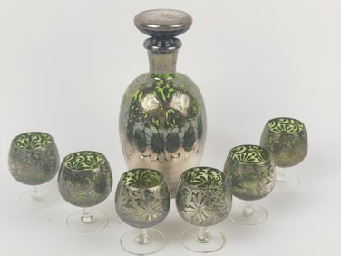 19th C. Czech Sterling Overlay Emerald Glass Decanter Set