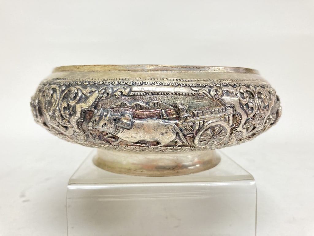 Vintage Indian Repousse Silver Metal Bowl: Vintage Indian Repousse Silver Metal Bowl, 6.25in by 2 3/8in