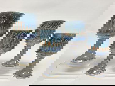 (4) Drip Glaze Art Pottlery Water Goblet, Signed