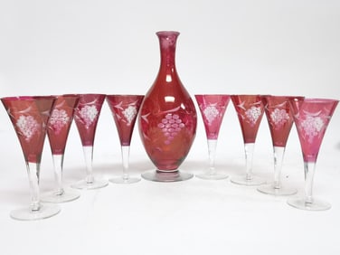 Set of Vintage Bohemian Ruby Cut-to-Clear Wine War