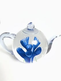 Dynasty Gallery Blue Floral Teapot Glass Paperweight
