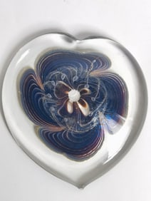 1985 John Barber Navy Floral Heart Glass Paperweight
