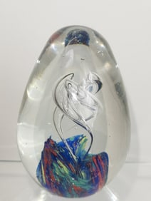 Unmarked Red/Blue/Clear Glass Egg Paperweight