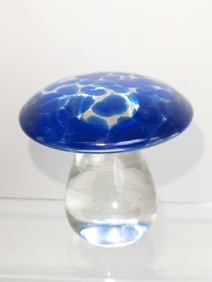 Murano Italy Blue/Clear Speckle Glass Mushroom Paperweight