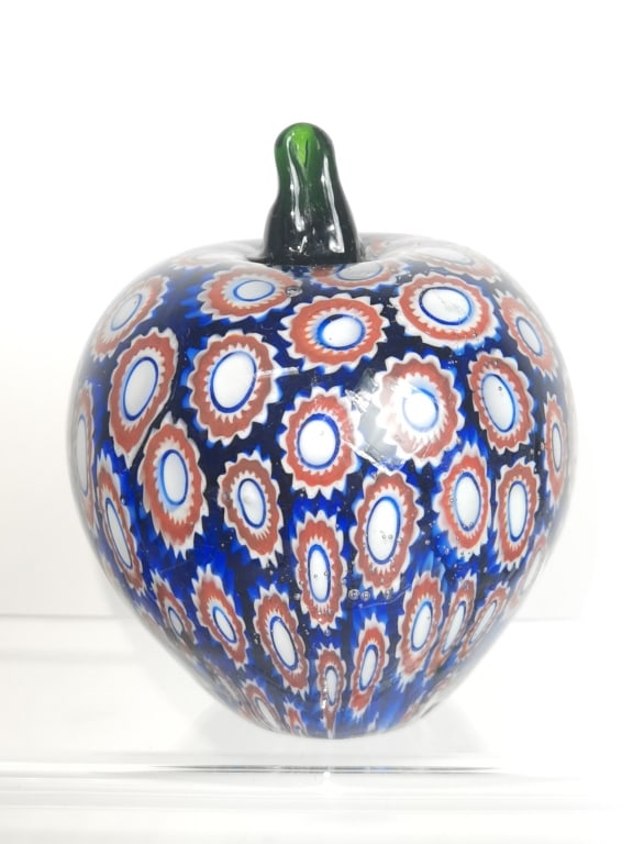Murano Italy Millefiori Apple Glass Paperweight: Murano Italy Millefiori Apple Glass Paperweight, 4.25in by 3.5in