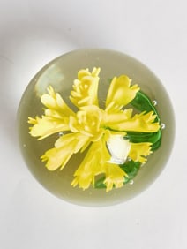 Unmarked Yellow Flower Glass Paperweight