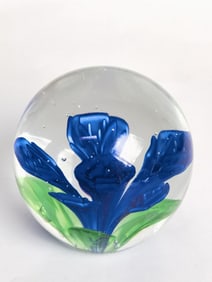 Unmarked Blue Flower Glass Paperweight