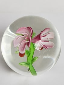 Unmarked Pink Flower Glass Paperweight