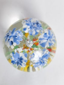 Unmarked Blue Flower Glass Paperweight