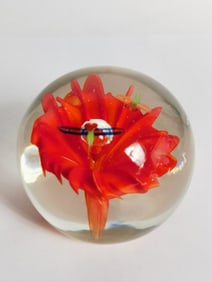 Unmarked Dragonfly Red Flower Glass Paperweight