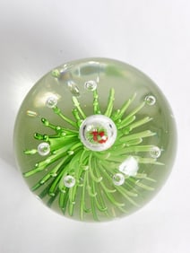 Unmarked Goldfish Green Floral Glass Paperweight