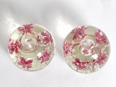 (2) Unmarked Red Floral Glass Candle Holder Paperweight