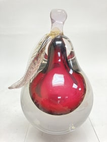 Murano Italy Glitter Ruby/Clear Pear Glass Paperweight