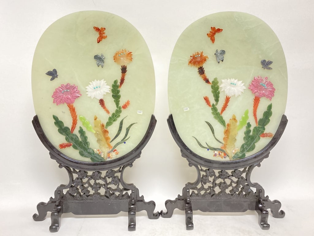 Pr. of 20th C. Chinese Export Precious Stone Inlas (1 of 4)