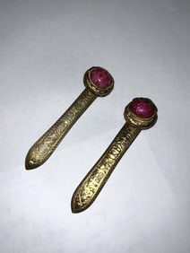 (2) Qing Chinese Pink Tourmaline Inlay Gilt Silver