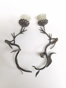 Pr. of Jade Inlay Silver Candlesticks