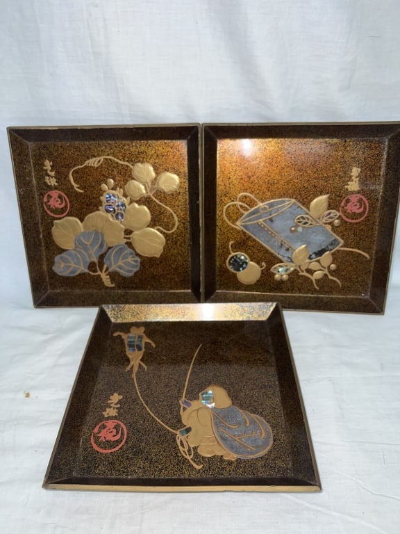 (3) 19th C. Japanese Mother-of-Pearl Inlay Maki-e (1 of 4)