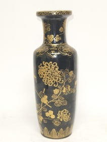 Kangxi Chinese Gilt Black Glaze Floral Vase