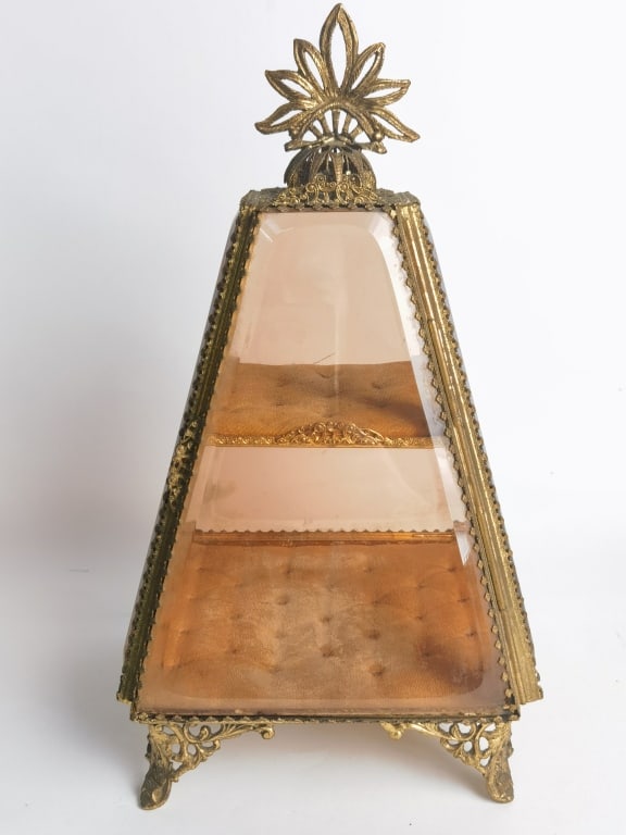 Antique Pyramid Amber Tinted Glass Jewelry Box: Antique Pyramid Amber Tinted Glass Jewelry Box, 12.5in by 7in by 7in