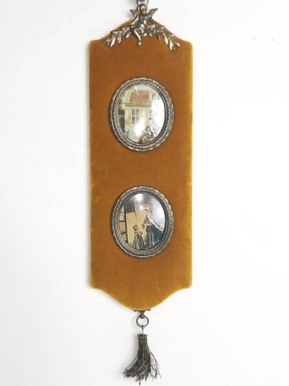 Vintage Velvet Frame with Porcelain Miniature Plaq: Vintage Velvet Frame with Porcelain Miniature Plaque, 15in by 4in