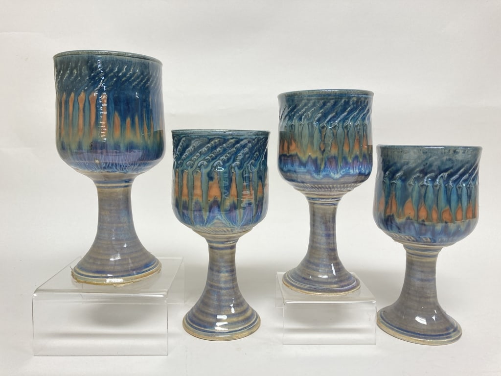 (4) Drip Glaze Art Pottlery Water Goblet, Signed: (4) Drip Glaze Art Pottlery Water Goblet, Signed, 6 3/8in - 7 1/8