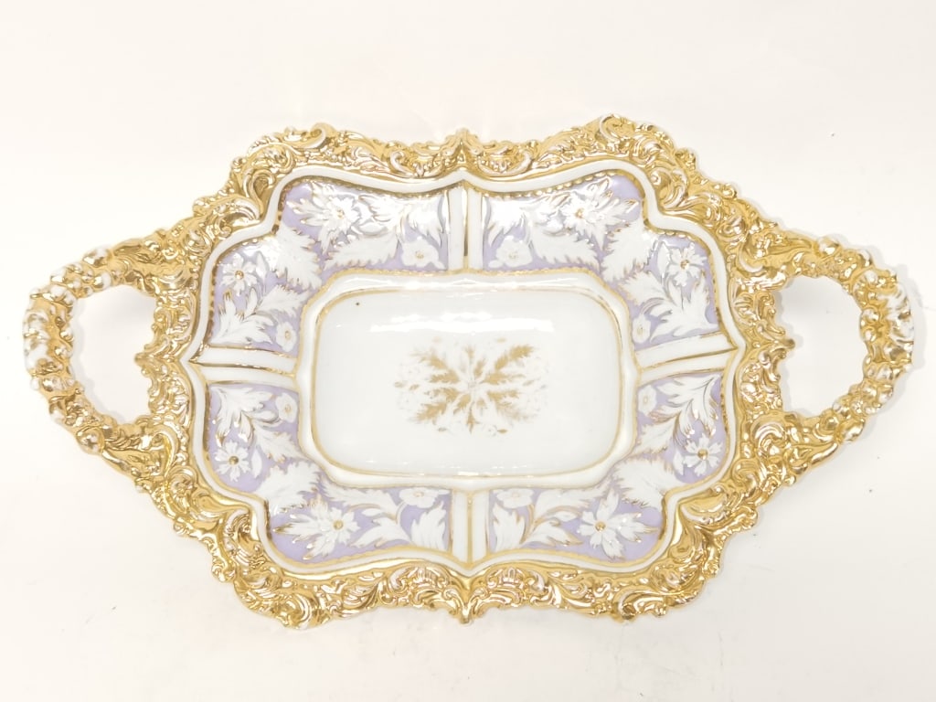 Meiseen Germany Porcelain Gilt Two Handle Dish: Meiseen Germany Porcelain Gilt Two Handle Dish, 12.75in by 3.75in