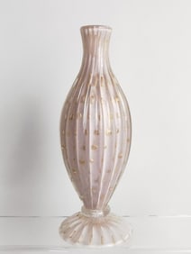 Vintage Murano Italy Pink with Gold Glitter Ribbed Glass Vase