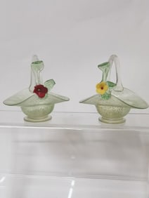 (2) Vintage Murano Italy Glitter Green Glass Baskets