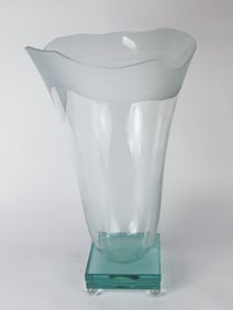 Signed Salvatore Polizzi Frosted Wave Clear Glass Vase