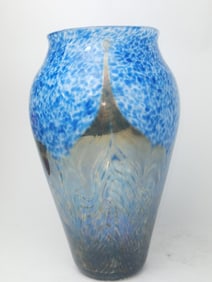 1993 John Barber Blue Speckled Swirl Art Glass Vase
