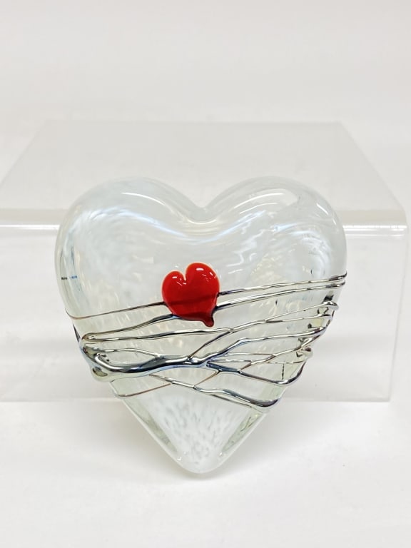 David P. Salazar White With Red Heart Glass Paperweight: David P. Salazar White With Red Heart Glass Paperweight, 2.5in by 1.25in