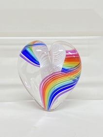Unmarked Rainbow Swirl Glass Heart Paperweight