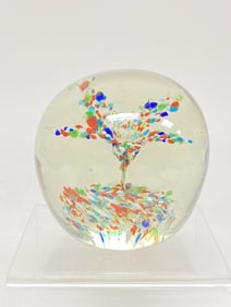Unmarked Multicolor Splatter Flower Glass Paperweight