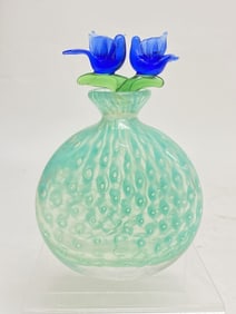 Vintage Green Bubbled Glass Blue Birds Perfume Bottle