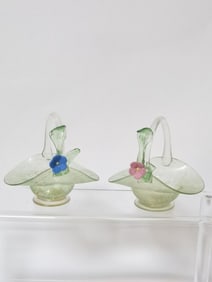 Pr. of Vintage Murano Italy Glitter Green Glass Baskets
