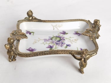 Vintage French Porcelain Floral Tray in Ormulu