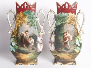 (2) Antique French Hand Painted Porcelain Vases