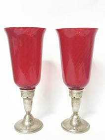 Pr. of Kayson Weighted Sterling Silver Ruby Glass Candle Holders