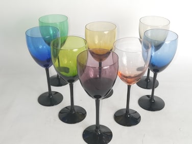 (8) Vintage Multicolor Hand Blown Wine Glasses