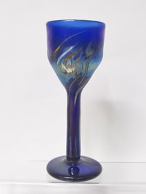 B. Stowell Iridescent Cobalt Blue Art Glass Wine Glasses