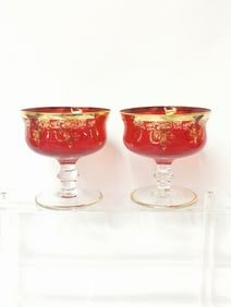 (2) Vintage Italian Gilt Ruby Glass Dessert Cups
